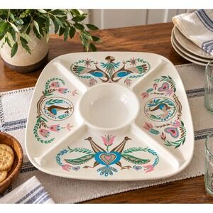 Vintage 60s Pennsylvania Dutch Symbols Melamine Chip and Dip Tray Folk Art 13in